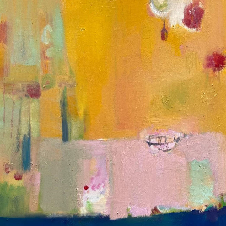 The artwork 'Table Setting' by Kevin McGoff features an abstract composition with vibrant yellow and pink color blocks, accented by deep teal elements. The oil painting showcases expressive brushstrokes, textural impasto technique, and delicate color transitions. Scattered crimson dots and gestural marks create dynamic movement across the 30x40 inch canvas, evoking a modern interpretation of a dining scene. By Kevin McGoff.