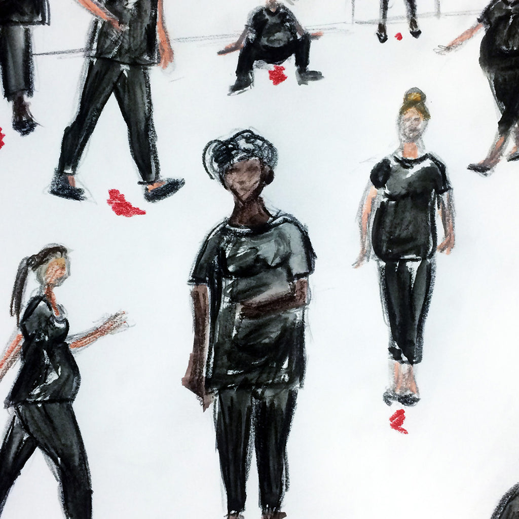 The artwork 'The End...is the beginning' depicts figures in black attire against a white background, rendered in loose, expressive brushstrokes using gouache and graphite. Red accents punctuate the composition, creating a striking contrast. The gestural drawing style captures movement and spatial relationships between the figures. By Jodie Lyn-Kee-Chow.