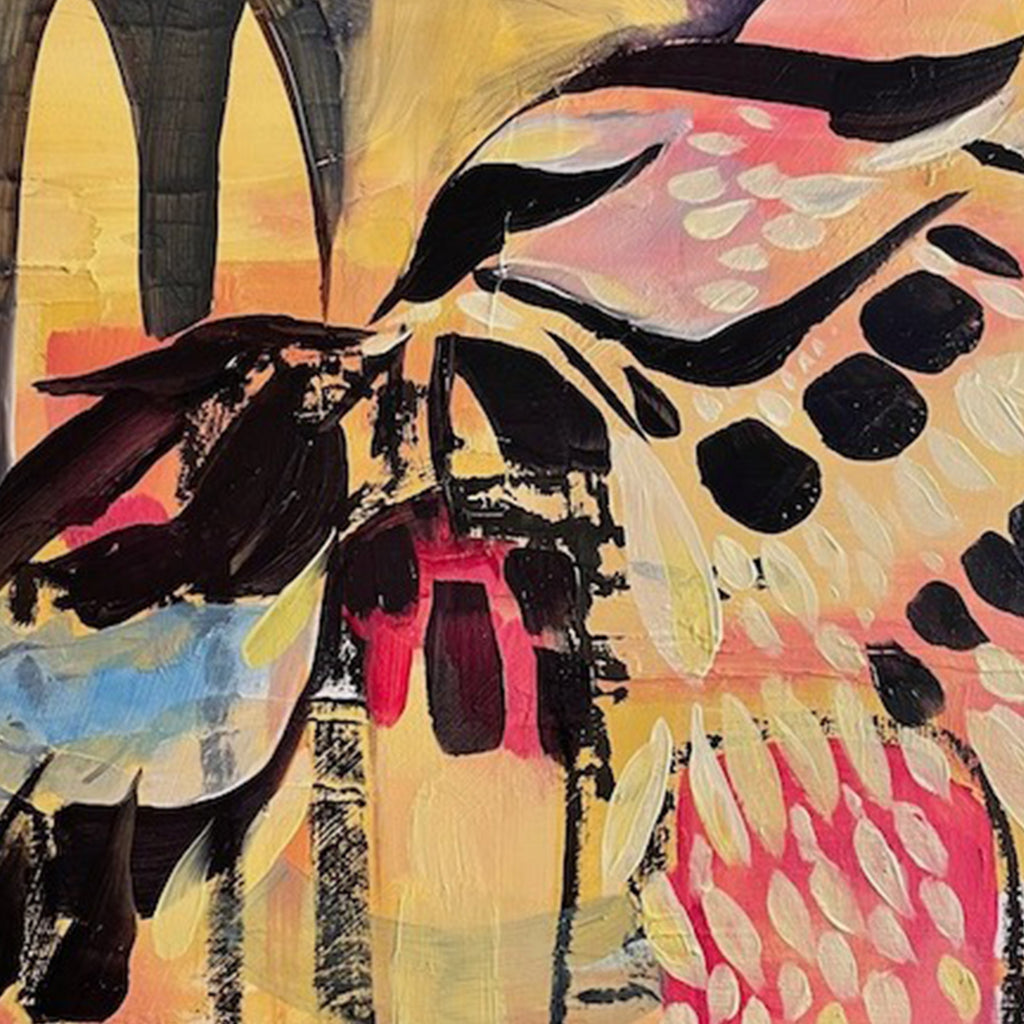 The artwork 'To the Sea' by Jane Lawrence features bold abstract patterns in black, pink, and yellow, depicting stylized organic shapes reminiscent of marine life. Textured brushstrokes create dynamic movement across the oil panel, with contrasting dark elements against a warm golden background. The composition combines fluid lines and geometric forms in an expressionistic style, capturing the essence of ocean-inspired imagery by Jane Lawrence.