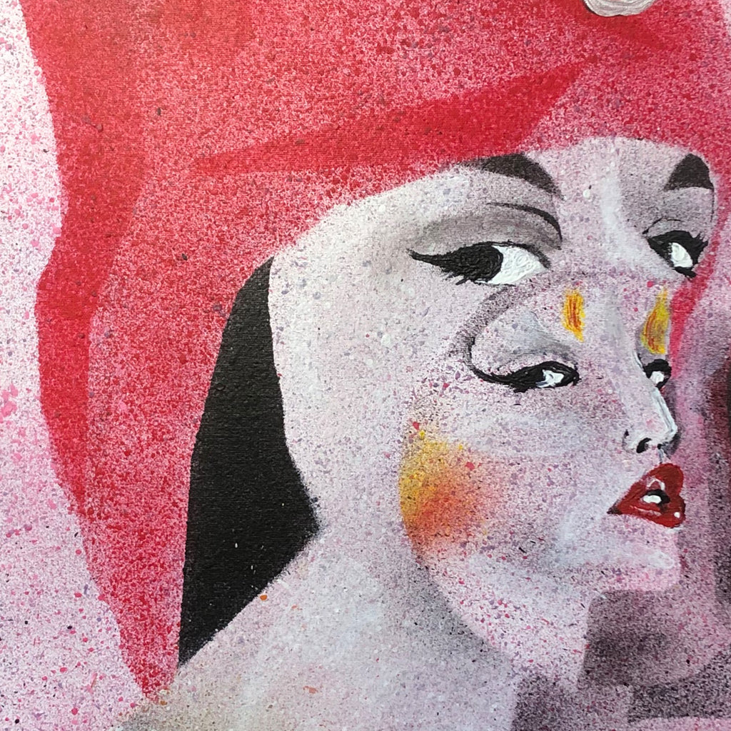 The artwork 'Lioness' features a striking profile against a vibrant pink background, rendered in acrylic on canvas. Bold brushstrokes create dramatic contrast between light and shadow, with splashes of yellow and red accents. The contemporary portrait style combines realism with expressive techniques, measuring 28x22 inches. By Nikki Shapiro.