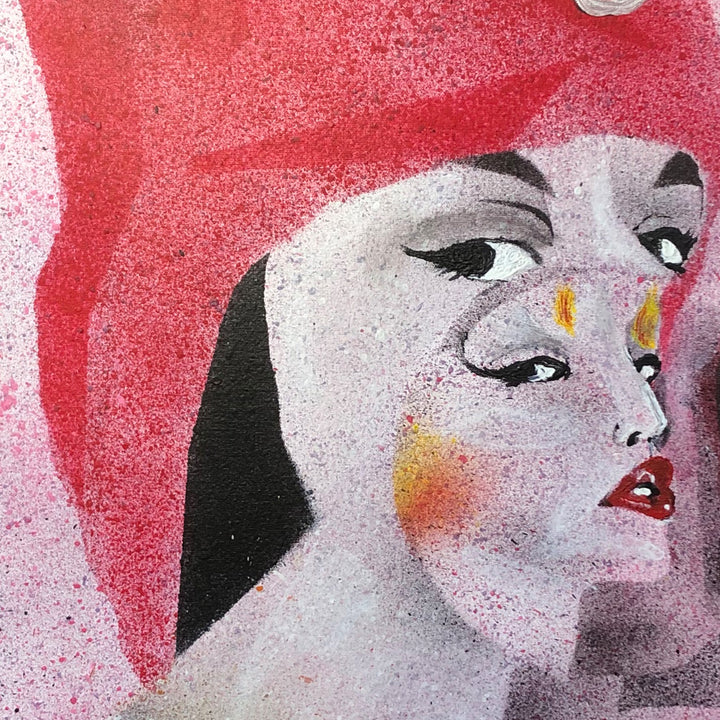 The artwork 'Lioness' features a striking profile against a vibrant pink background, rendered in acrylic on canvas. Bold brushstrokes create dramatic contrast between light and shadow, with splashes of yellow and red accents. The contemporary portrait style combines realism with expressive techniques, measuring 28x22 inches. By Nikki Shapiro.