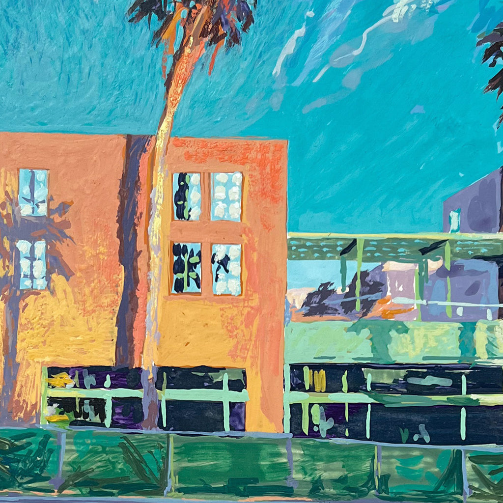 The artwork 'Coming Soon' by Justin Shull features a vibrant architectural scene with a coral-colored building against a brilliant turquoise sky. A towering palm tree stands beside the structure, which has four windows reflecting dark silhouettes. The foreground shows green fencing and landscaping, while distant buildings appear in muted purples and greens, painted in expressive acrylic gouache strokes on a 6x6 inch cradled panel.