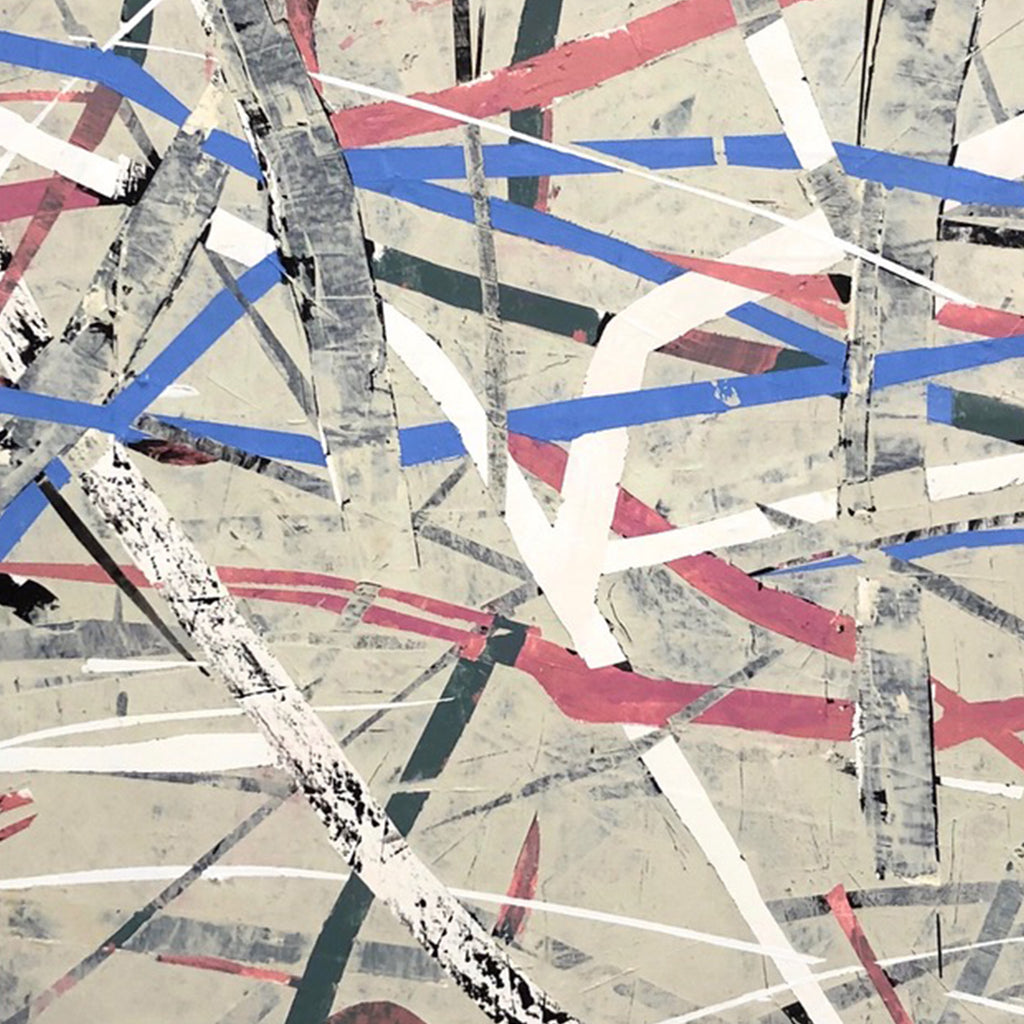The artwork 'Electrification' by Shira Toren features an abstract composition of intersecting lines in blue, pink, and white against a light gray background. Dynamic brushstrokes and geometric patterns create a sense of movement and energy, with textural elements and distressed effects adding depth. The 48x40 inch piece showcases a modern, deconstructed style with overlapping angular forms.