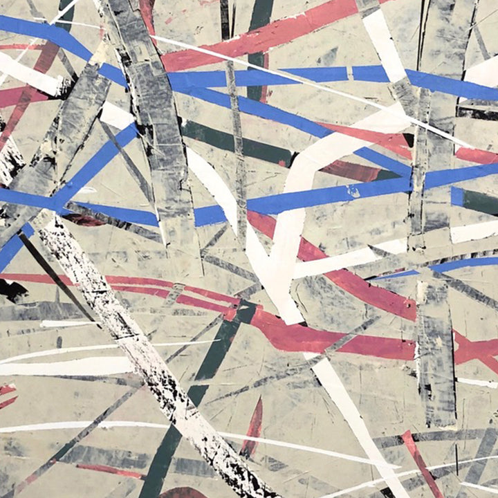 The artwork 'Electrification' by Shira Toren features an abstract composition of intersecting lines in blue, pink, and white against a light gray background. Dynamic brushstrokes and geometric patterns create a sense of movement and energy, with textural elements and distressed effects adding depth. The 48x40 inch piece showcases a modern, deconstructed style with overlapping angular forms.