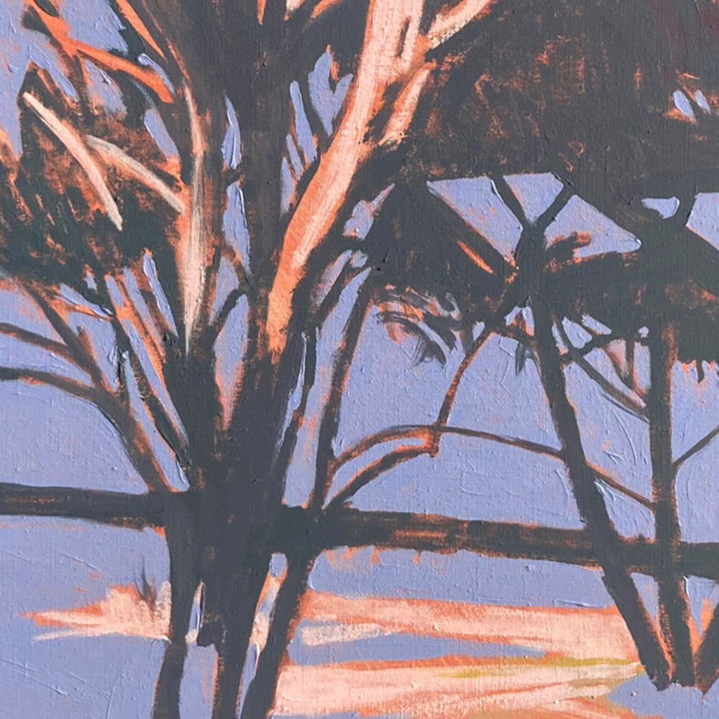 The artwork 'Garden Gate' by Justin Shull depicts silhouetted trees against a serene twilight sky, rendered in acrylic on linen. Dark branches create intricate patterns against a soft lavender background, with warm coral undertones highlighting the horizon. The 34x34 inch painting captures a minimalist natural landscape with strong compositional elements and textural brushwork by Justin Shull.