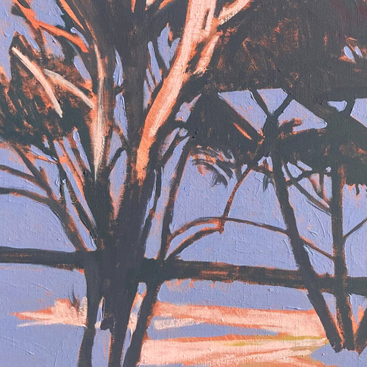The artwork 'Garden Gate' by Justin Shull depicts silhouetted trees against a serene twilight sky, rendered in acrylic on linen. Dark branches create intricate patterns against a soft lavender background, with warm coral undertones highlighting the horizon. The 34x34 inch painting captures a minimalist natural landscape with strong compositional elements and textural brushwork by Justin Shull.