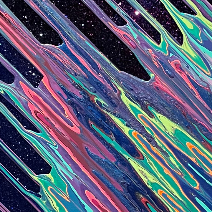 Galaxy Kinetic e-XI by Paola Gracey features dynamic swirling patterns in vibrant coral pink, turquoise, and neon green against a deep navy background. The artwork showcases fluid, marbled effects created with glitter, acrylic, and epoxy resin, resembling an abstract cosmic flow with shimmering celestial textures on a 30x30 inch panel.