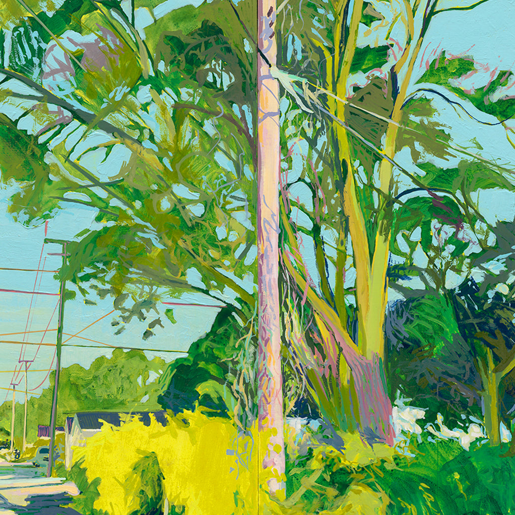 The artwork 'Intersections' by Justin Shull features vibrant urban landscape painting capturing a street view with utility poles and lush greenery. Bold yellow-green foliage contrasts against a pale blue sky, while telephone lines create geometric patterns. Painted in expressive acrylic strokes on cradled panel, depicting the meeting of natural and man-made elements.