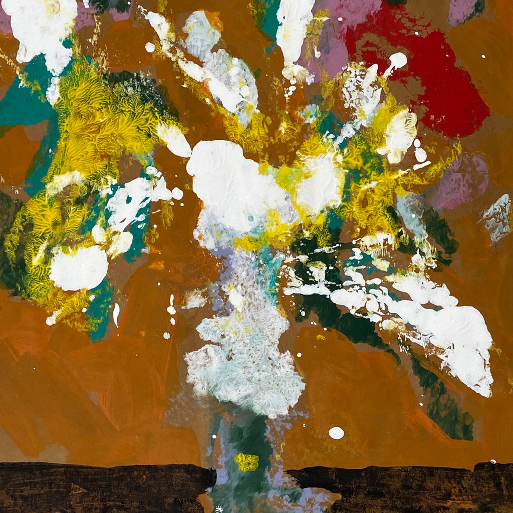 The artwork 'Still Life 1' by James Greco features an abstract explosion of colors against a rich brown background. Dynamic splashes of white, yellow, and teal create a central burst, with emerald green and crimson accents. The composition suggests a floral arrangement with energetic brushstrokes and textural elements in acrylic and tempera on paper.