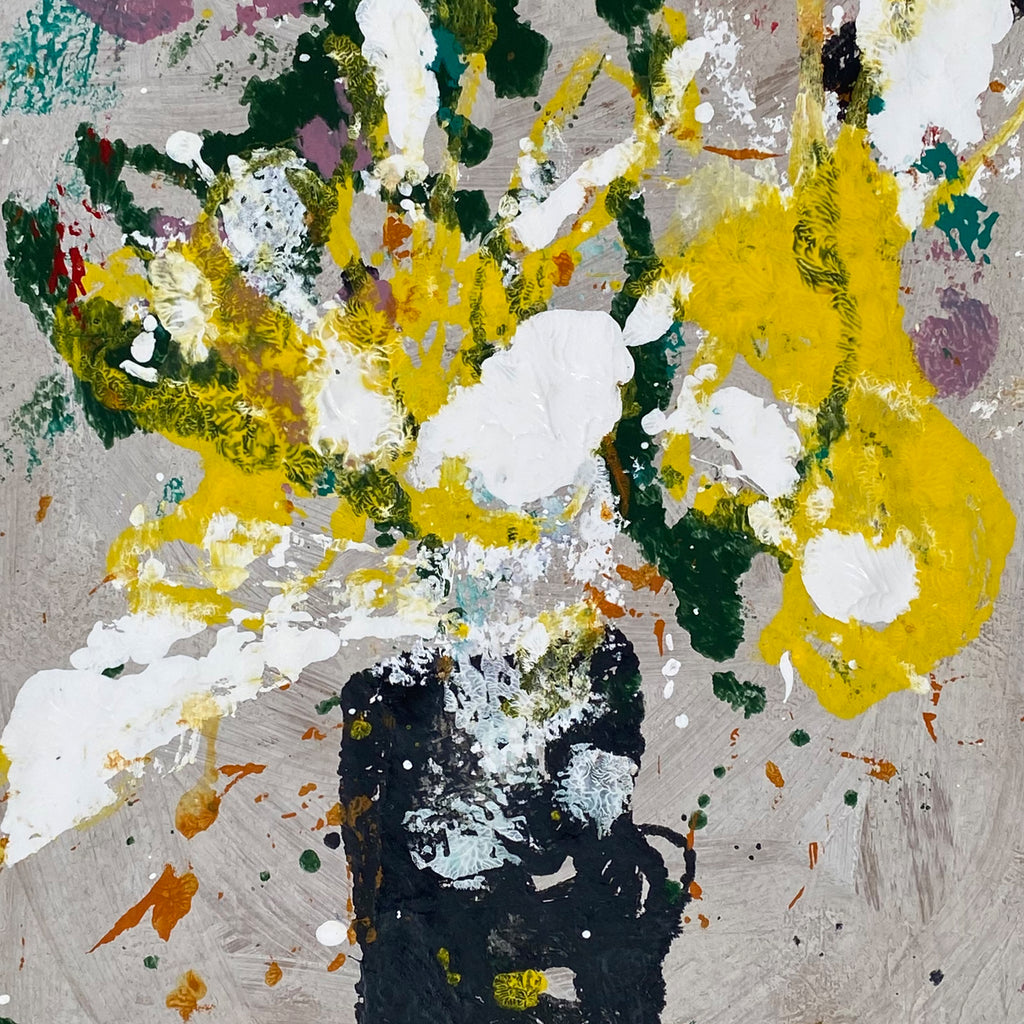 The artwork 'Still Life 2' by James Greco features a bold abstract composition of vibrant yellow blooms and white splashes emerging from a dark vessel, set against a textured gray background. The painting, executed in acrylic and tempera, showcases expressive brushstrokes with deep forest green accents and subtle purple tones, creating a dynamic modern interpretation of traditional still life.