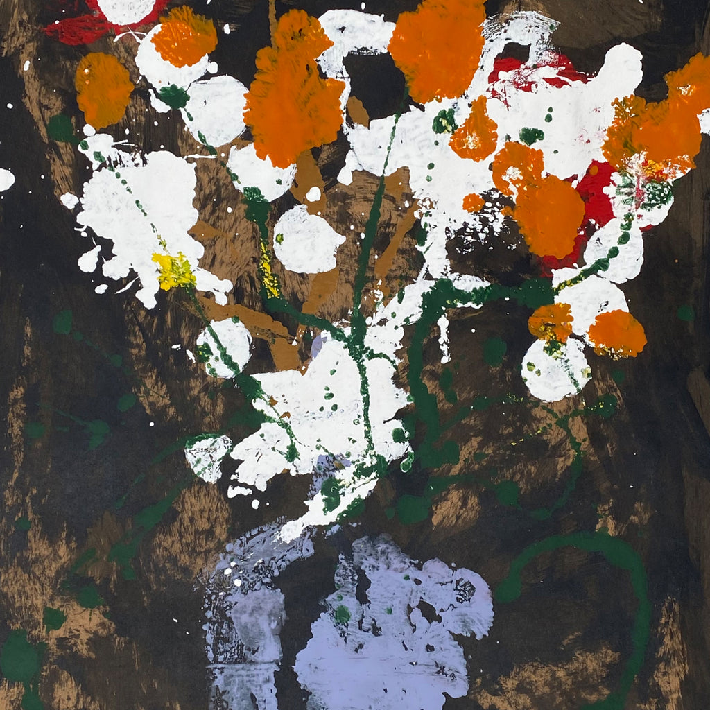 The artwork 'Still Life 3' by James Greco features an abstract floral composition with splashes of vibrant orange, white, and red blooms against a dark earthy background. The flowers emerge from a soft lavender-colored vase, with deep green foliage creating organic movement throughout the 42x36 inch acrylic and tempera painting on paper. The expressive brushwork creates a dynamic, spontaneous effect.