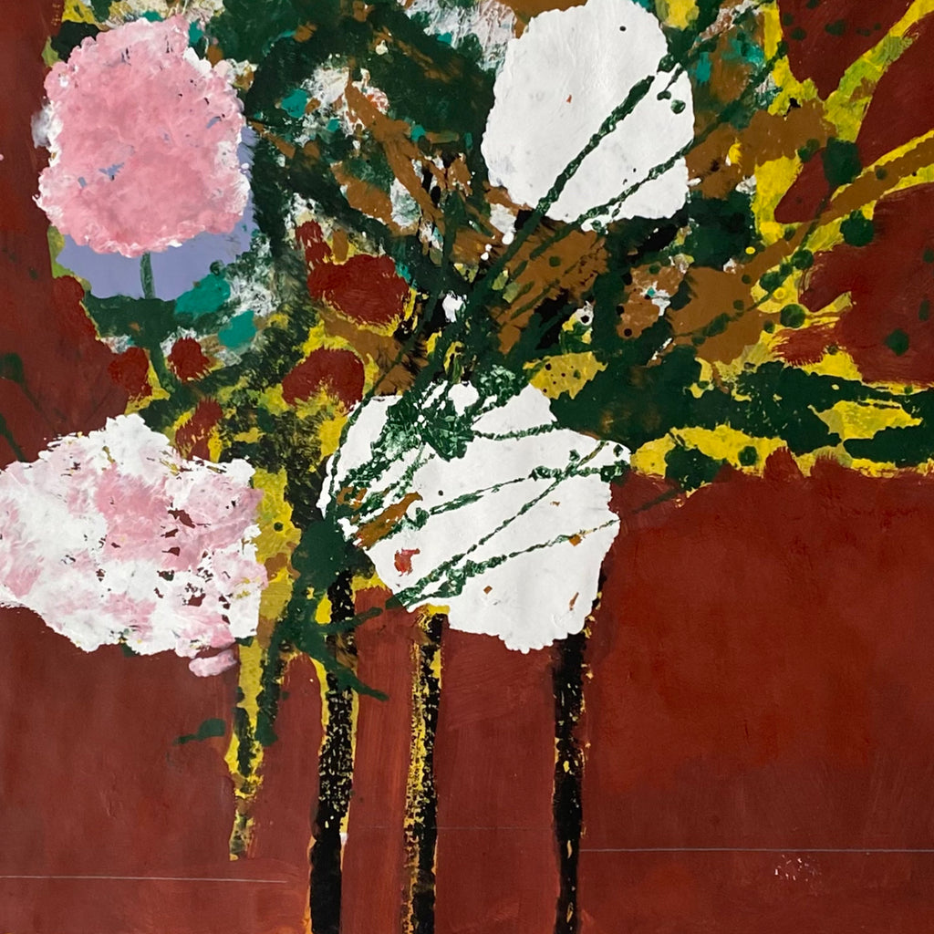 The artwork 'Still Life 4' by James Greco features bold floral forms against a deep red background. White and pink blooms emerge from dark green stems with splashes of yellow. The abstract composition, created in acrylic and tempera on paper, showcases expressive brushstrokes and dynamic color contrasts, capturing a modern interpretation of traditional still life painting.