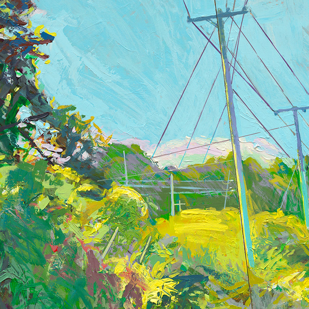 The artwork 'Out of the Woods' by Justin Shull captures a vibrant landscape featuring power lines against a turquoise sky. Bold brushstrokes create lush green foliage and bright yellow wildflowers in the foreground, while utility poles stretch across the composition, combining urban infrastructure with natural elements in an impressionistic style rendered in acrylic on cradled panel.