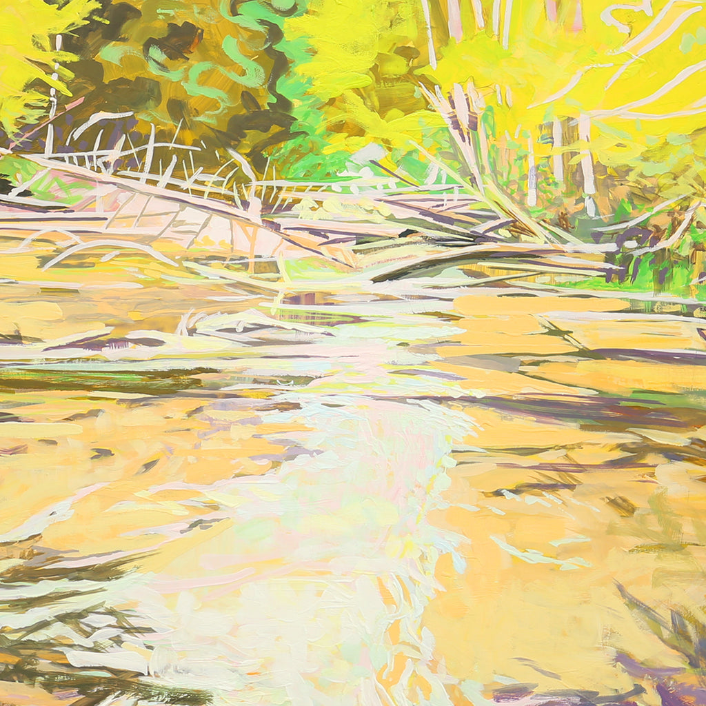 The artwork 'River Flows' by Justin Shull captures a vibrant abstract landscape featuring a meandering stream rendered in golden yellows and soft whites. Dynamic brushstrokes create movement across the 36x36 inch acrylic gouache panel, with verdant green foliage and sunlit reflections dancing on the water's surface, evoking a serene natural setting through expressive contemporary style.
