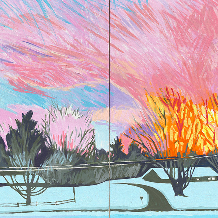 The artwork 'Sunfire' by Justin Shull captures a vibrant winter landscape with dramatic pink and orange sky, featuring bare trees silhouetted against a snowy ground. Dynamic brushstrokes create movement in the cotton-candy clouds, while turquoise blue accents add depth. The 48x24 inch acrylic painting contrasts warm sunset colors with cool winter tones, showcasing an impressionistic style.