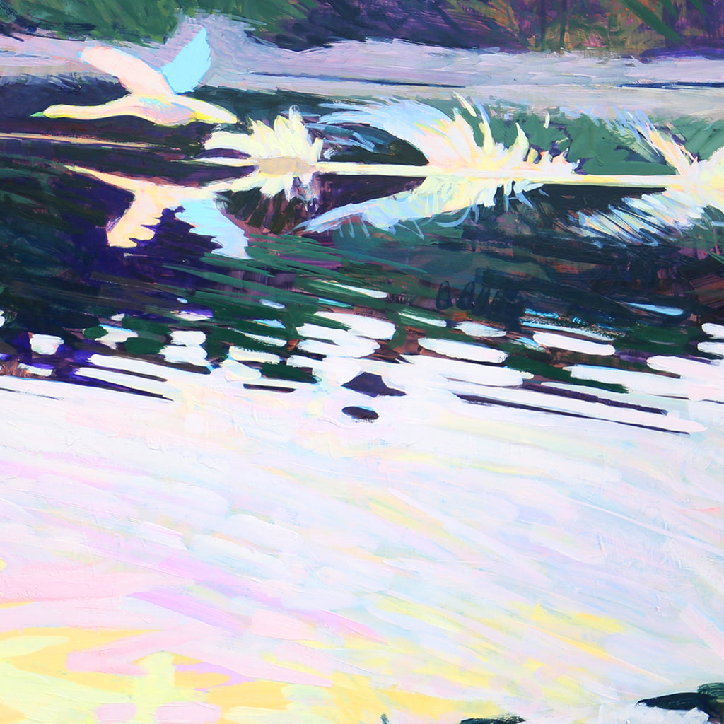 The artwork 'Swan Taking Flight' by Justin Shull captures a dynamic scene of a white swan in motion over rippling water. Bold brushstrokes in iridescent blues, purples, and greens create a dramatic sky, while pastel pinks and yellows reflect on the water's surface. The 36x36 inch acrylic gouache painting on cradled panel employs an impressionistic style with energetic mark-making and luminous color harmonies.