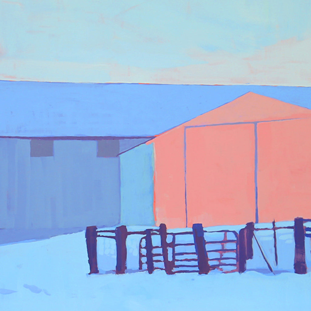 The artwork 'Three Barns' by Justin Shull features minimalist farm structures in winter, with a coral-pink barn contrasting against periwinkle blue buildings beneath a pale sky. A rustic wooden fence spans the foreground, set against pristine snow, painted in acrylic gouache with clean geometric shapes and soft pastel tones. By Justin Shull.