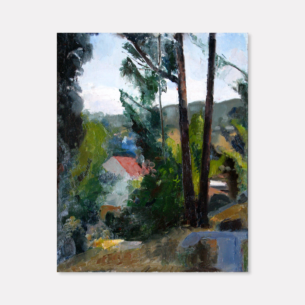 The artwork 'California Woods' by Peter Colquhoun features a serene landscape with tall eucalyptus trees framing a distant red-roofed house. The oil painting captures dappled sunlight through dense foliage, with a winding path leading through the composition. Rich greens and blues dominate the scene, with subtle touches of warm earth tones and a misty atmospheric quality characteristic of California's coastal forests.