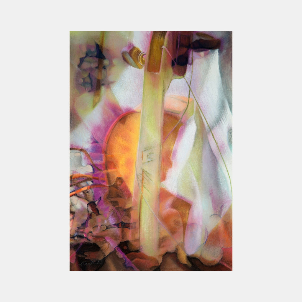 The artwork 'Fade-out' by Sarah Canfield features ethereal soft pastel strokes creating an abstract composition with luminous yellow beams cutting through misty purple and orange hues. Delicate translucent layers blend seamlessly, suggesting movement and depth, while curved forms emerge from dreamy, atmospheric textures in this 19x13 inch pastel on paper work by Sarah Canfield.