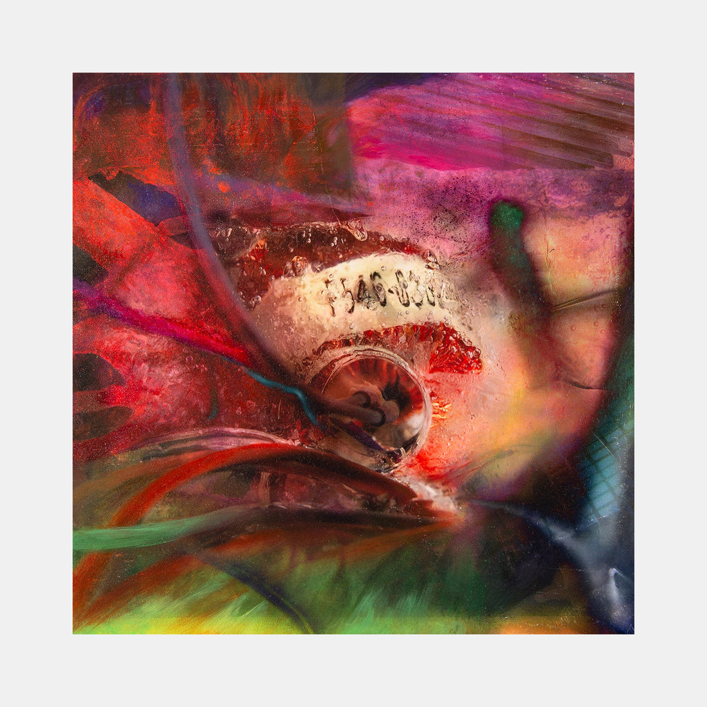 The artwork 'In the Cloud' by Sarah Canfield features vibrant abstract swirls of deep crimson, magenta, and emerald green, creating a dynamic cosmic atmosphere. The mixed media painting on cradled panel showcases fluid movement with ethereal textures, luminous color transitions, and an ethereal central glow reminiscent of celestial formations. Artistic style combines fluid art with atmospheric abstraction.