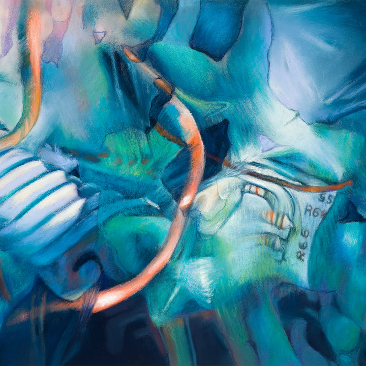The artwork 'R66' by Sarah Canfield features abstract swirling patterns in vibrant turquoise and teal hues, accented with striking coral orange curves. The pastel medium creates a dreamy, fluid composition with dynamic movement, highlighted by white striped elements against deep blue undertones. A masterful blend of cool aquatic tones and warm accents creates depth and dimension.