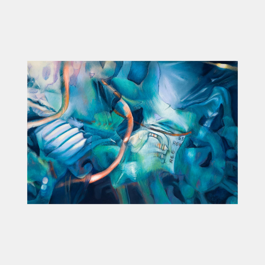 The artwork 'R66' by Sarah Canfield features abstract swirling patterns in vibrant turquoise and azure blues, with subtle white highlights and copper-colored linear elements. The soft pastel medium creates a dreamlike underwater atmosphere, with flowing organic shapes and dynamic movement across the composition. The unframed piece showcases layers of translucent color and ethereal textures.