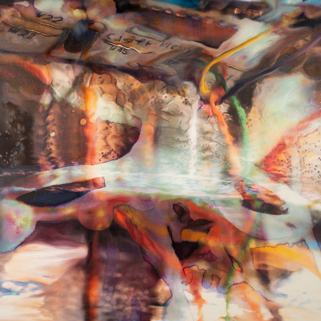 The artwork 'The Deep' by Sarah Canfield features abstract fluid patterns with vibrant orange, brown, and white swirls creating a dynamic underwater effect. Ethereal light streams through translucent layers of mixed media on canvas, suggesting mysterious oceanic depths. Bold brushstrokes and textural elements blend seamlessly in this 48x36 inch contemporary abstract composition.
