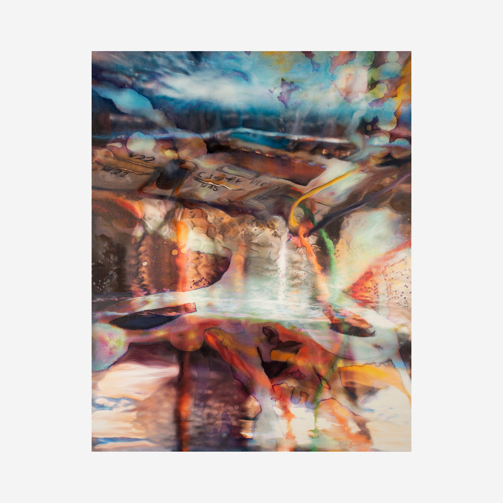 The artwork 'The Deep' by Sarah Canfield features swirling abstract patterns in rich earth tones and ethereal blues, creating a dream-like underwater landscape. Fluid brushstrokes blend warm oranges and cool turquoise, with translucent layers suggesting depth and movement. The mixed media on canvas creates dynamic textures and reflective qualities, measuring 48x36 inches. By Sarah Canfield.
