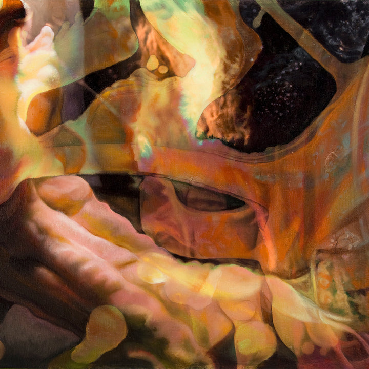 The artwork 'Threshold' by Sarah Canfield features ethereal swirls of orange, peach, and golden hues blending with deep blacks, creating an atmospheric abstract composition. The mixed media on canvas showcases fluid, dreamlike forms with translucent layers that suggest movement and depth, reminiscent of cosmic nebulae or underwater currents. Work by Sarah Canfield.