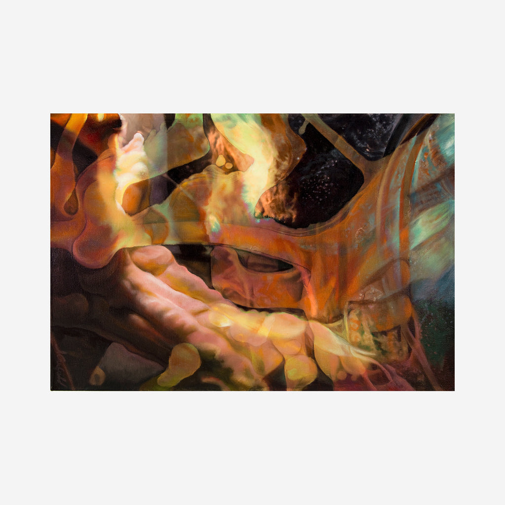 The artwork 'Threshold' features vibrant abstract forms with fluid orange and gold swirls merging into deep shadows, creating a dreamlike atmosphere. Ethereal turquoise accents blend with warm amber tones in this mixed media canvas painting, suggesting movement and transformation through layered translucent effects by Sarah Canfield.