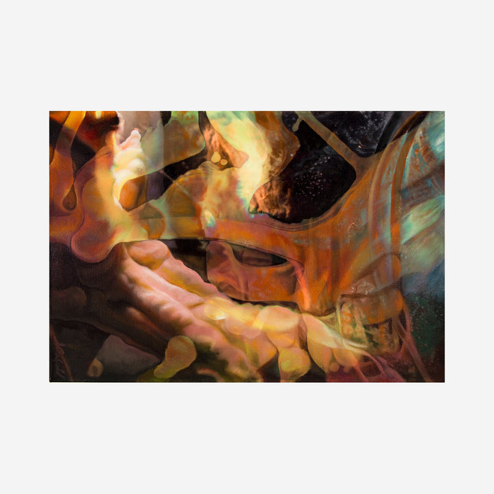 The artwork 'Threshold' features vibrant abstract forms with fluid orange and gold swirls merging into deep shadows, creating a dreamlike atmosphere. Ethereal turquoise accents blend with warm amber tones in this mixed media canvas painting, suggesting movement and transformation through layered translucent effects by Sarah Canfield.
