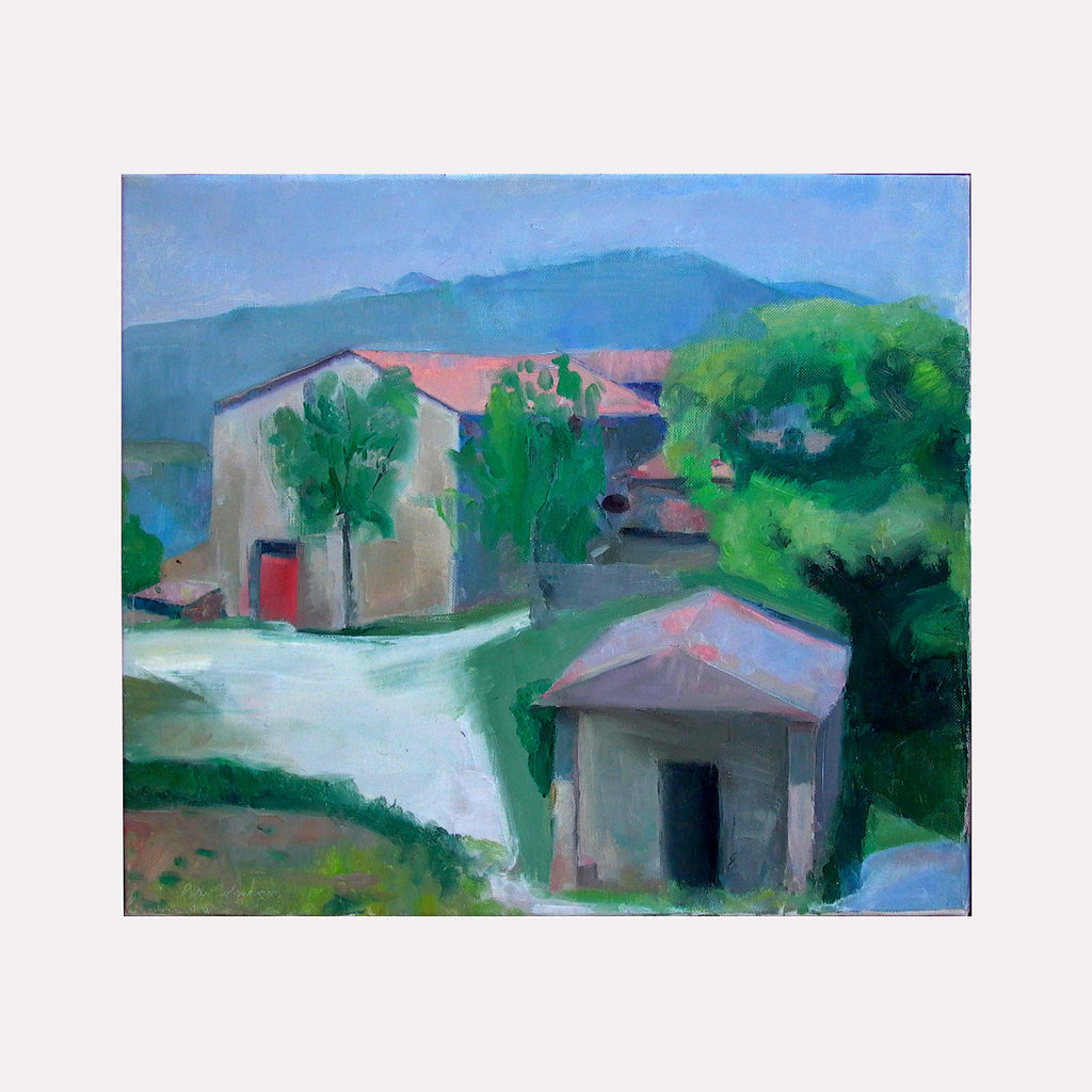 The artwork 'Casole Chapel' by Peter Colquhoun captures a serene Tuscan landscape featuring a stone chapel with terracotta roof tiles, surrounded by lush green trees and distant blue mountains. The oil painting on linen showcases vibrant Mediterranean colors and loose, impressionistic brushwork characteristic of plein air painting.
