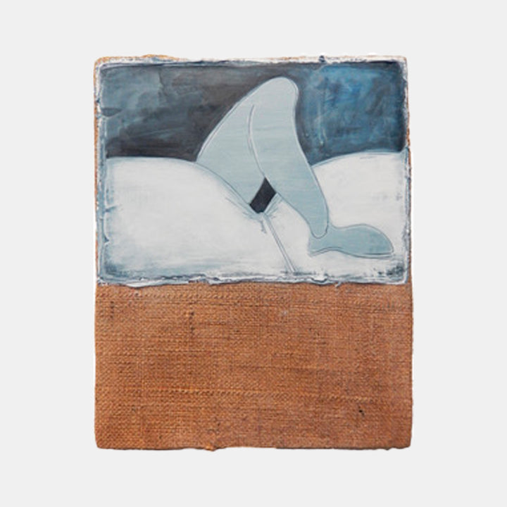 Celebratory Skeptic Dispute by Evan Peltzman features a pale blue abstract butterfly-like form floating against a moody navy backdrop over stark white ground, contrasting with raw burlap texture below. Mixed media artwork combining ink and plaster on burlap and wood creates textural depth and visual tension.