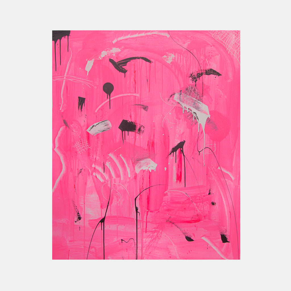 The artwork 'Channel Pink' by Cavier Coleman features a vibrant hot pink background with dynamic black drip marks and abstract grey brushstrokes. The acrylic and enamel painting on canvas showcases an expressive, contemporary style with spontaneous gestural marks creating movement across the 40x40 inch surface. Distinctive vertical drips and ethereal silver accents complement the bold monochromatic composition.