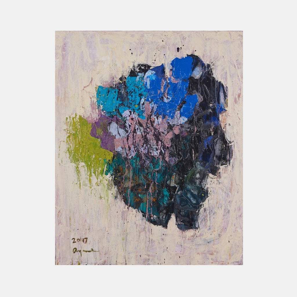 The artwork 'Chaos in 2016' features an abstract expressionist composition with dynamic brushstrokes in deep blues, turquoise, and black, accented by a striking chartreuse splash. The textured oil paint creates a central mass against a pale neutral background, embodying emotional turbulence through its impasto technique - by Ayane Kurai.