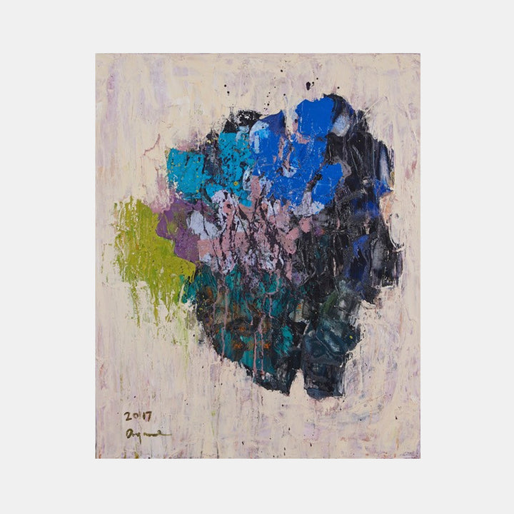 The artwork 'Chaos in 2016' features an abstract expressionist composition with dynamic brushstrokes in deep blues, turquoise, and black, accented by a striking chartreuse splash. The textured oil paint creates a central mass against a pale neutral background, embodying emotional turbulence through its impasto technique - by Ayane Kurai.