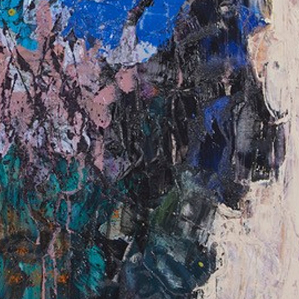 The artwork 'Chaos in 2016' features bold abstract expressionist strokes with deep turquoise, cobalt blue, and black tones creating dramatic movement against pale pink and cream accents. Thick impasto oil paint technique creates rich textural depth with dynamic splashes and drips across the canvas by Ayane Kurai.