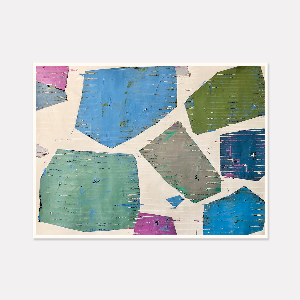 The artwork 'Chards' by Shira Toren features an abstract composition of irregular geometric shapes in vibrant blues, greens, and magenta against a cream background. Created with Venetian plaster pigment on canvas, the textured surface displays a weathered, distressed quality with subtle color variations and layered effects. The mosaic-like arrangement creates a dynamic interplay of color and form. By Shira Toren.