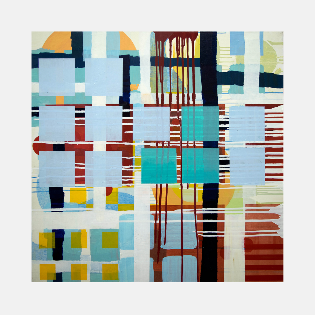 The artwork 'Check' features a geometric abstract composition with interlocking squares and rectangles in light blue, turquoise, rust red, and yellow tones. Vertical drips and horizontal stripes create a grid-like pattern, while bold black lines add structure. The oil on linen painting combines modern minimalism with organic elements. Art by Linda Schmidt.