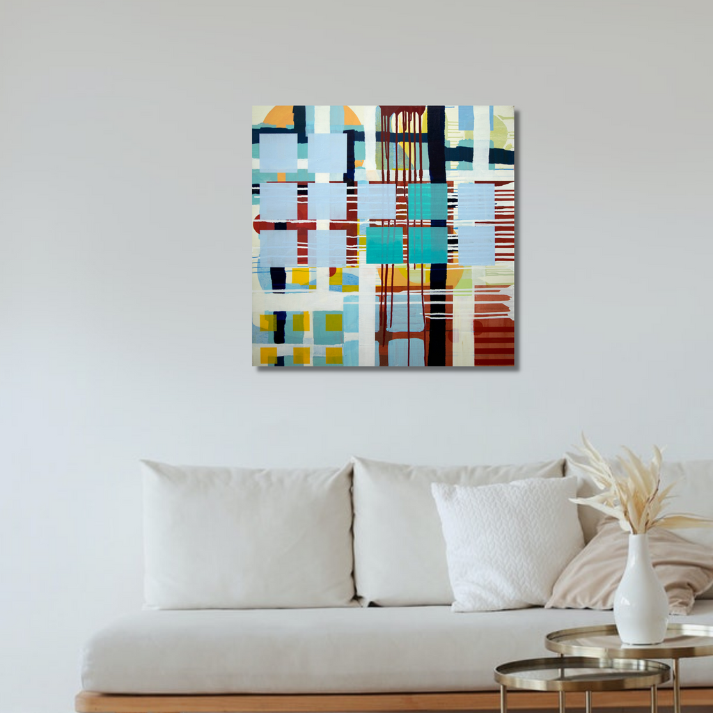 The artwork 'Check' by Linda Schmidt features a geometric abstract composition in oil on linen, displaying intersecting horizontal and vertical lines in vibrant turquoise, red, yellow, and white. The painting creates a modernist grid pattern with blocks of color reminiscent of urban architecture, measuring 24x24 inches. By Linda Schmidt.