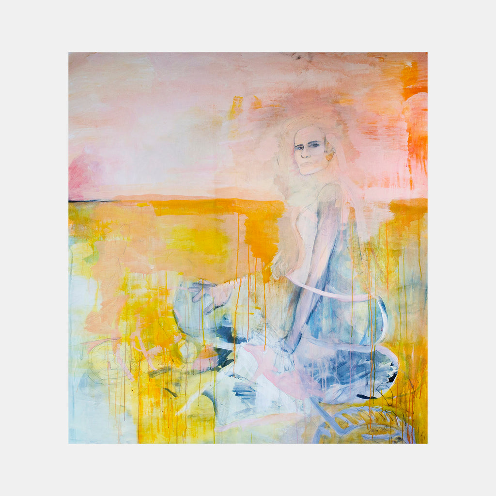 The artwork 'Cheryl' by Lauren Orscheln features an ethereal abstract composition with vibrant yellow, soft pink, and cool blue hues. Expressive brushstrokes create a dreamlike atmosphere, with delicate drips and textural elements. The piece combines acrylic paint and graphite on canvas, measuring 60 by 48 inches, showcasing a harmonious blend of warm and cool tones in a contemporary style.