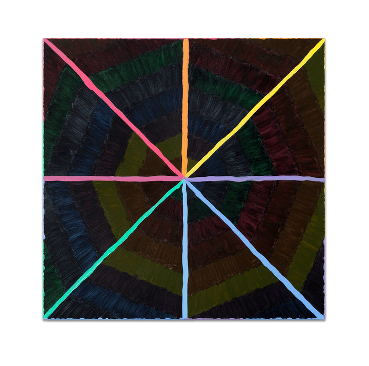 The artwork 'Chromatic' by Amber Heaton features a striking geometric composition with vibrant linear rays emanating from a central point, creating a starburst pattern against a dark background. Neon-colored lines in pink, orange, yellow, turquoise, and blue divide the 12x12 inch acrylic panel into eight triangular sections, with concentric circular bands adding depth and dimension to the piece.