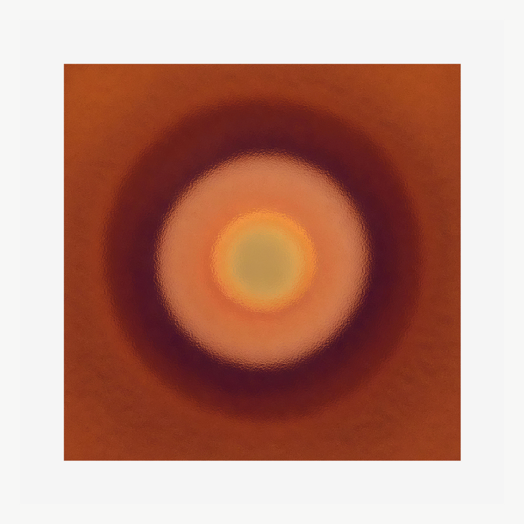 The artwork 'Circle No. 3' by Daniel Kersh features concentric circles in warm earth tones, transitioning from a luminous yellow-orange center through deepening rings of terracotta and rich brown. Created as a C-print on Kodak Metallic, the gradient effect creates a mesmerizing solar-like appearance with soft, diffused edges between each circular band.