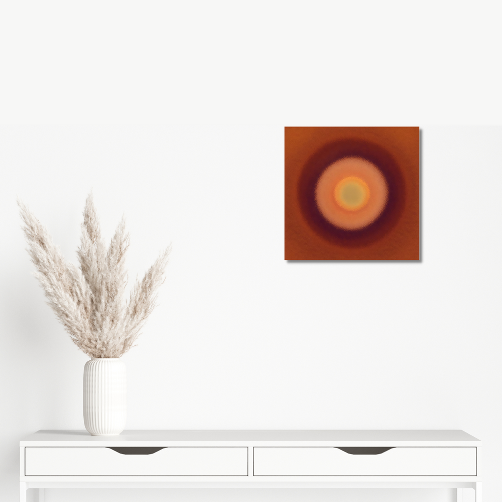 The artwork 'Circle No. 3' by Daniel Kersh features concentric circles in warm earth tones, transitioning from a deep russet brown outer ring through burnt orange to a soft yellow center, printed on metallic Kodak paper creating a luminous effect. Displayed above white modern furniture with decorative pampas grass.