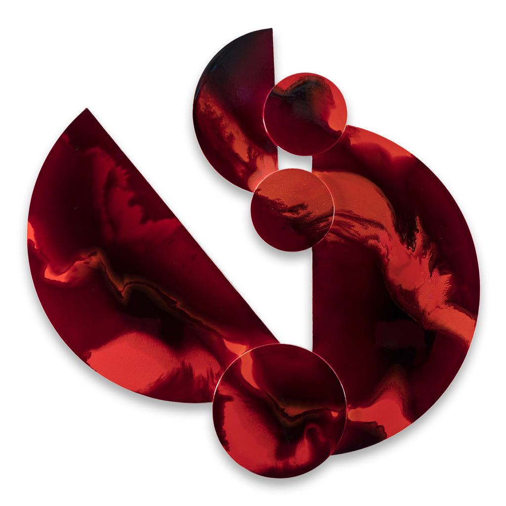 The artwork 'Circles Semicircles and some Triangles 9' by Sabrina Puppin features dynamic geometric shapes in deep crimson and scarlet hues. Glossy synthetic glazes on canvas create a striking composition of overlapping circles and semicircles, with fluid metallic-like textures that catch and reflect light across the 54x54 inch surface. By Sabrina Puppin.