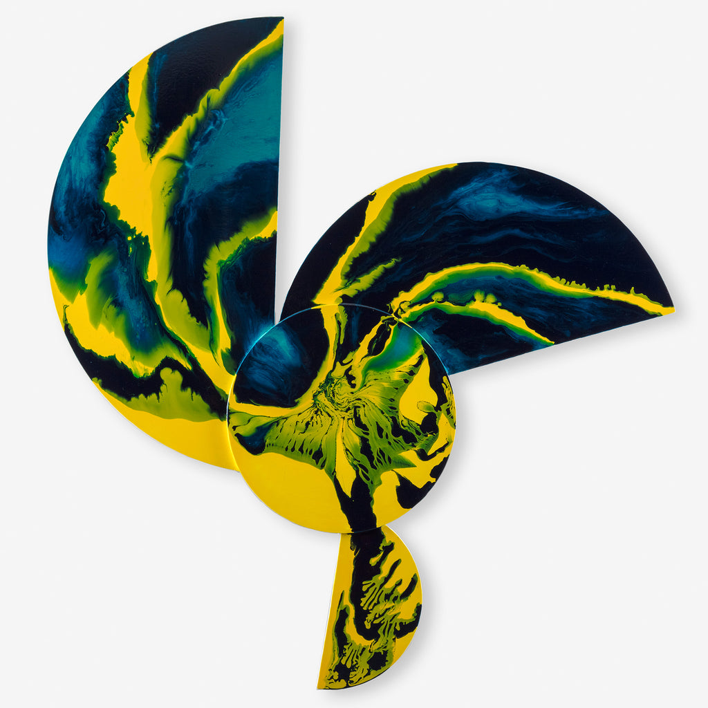 The artwork 'Circles Semicircles and some Triangles 8' by Sabrina Puppin features dynamic curved shapes in vibrant teal blue and bright yellow. Abstract fluid patterns create striking contrasts across the canvas, with bold synthetic glazes creating smooth transitions between colors. The composition resembles a stylized bird or flower in motion, spanning 59x55 inches.