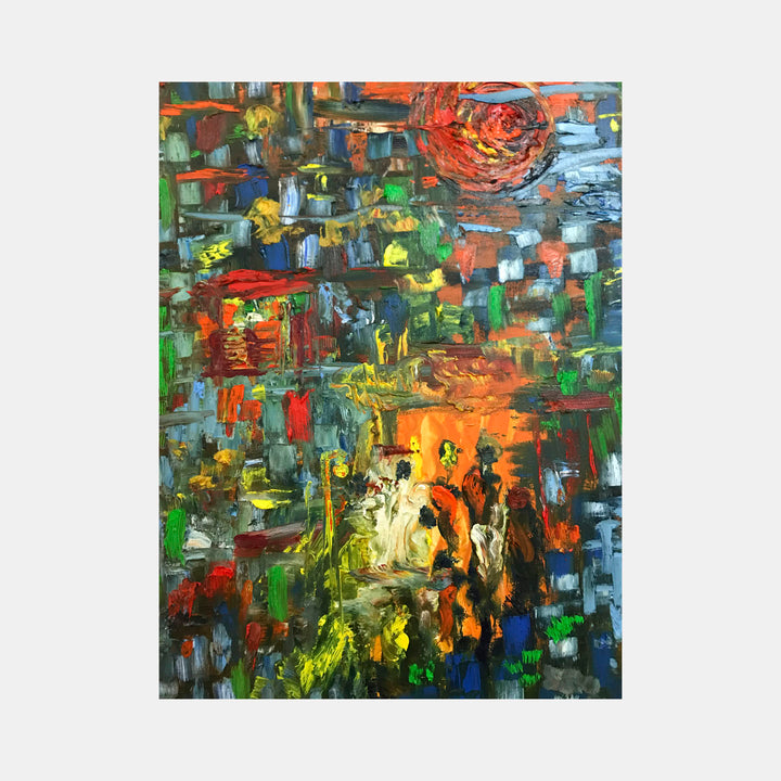 The artwork 'Cityscape II' by Rita BasuMallick features a vibrant abstract urban landscape with bold impasto brushstrokes in greens, reds, and blues. A striking orange orb resembling a sun dominates the upper corner, while dynamic blocks of color suggest buildings and city lights, creating a modern expressionist interpretation of metropolitan energy. Oil on canvas, 24x18 inches.