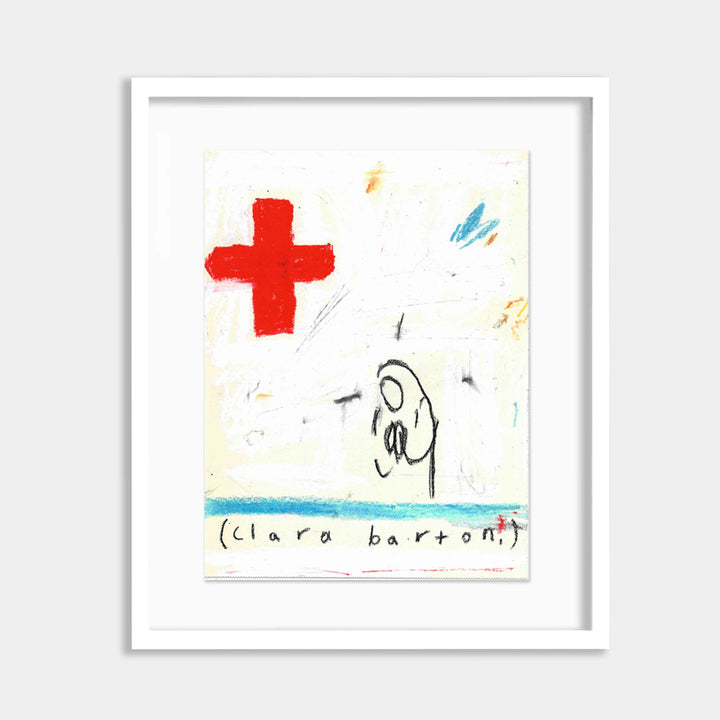 The artwork 'Clara Barton' by Joseph O'Neal features a minimalist composition with a bold red cross symbol positioned at the top, contrasting against a cream-colored background. Abstract linear elements in black and touches of light blue create a delicate balance. Created with wax pastel and pencil on found paper, the piece includes handwritten text at the bottom in a sketchy style.