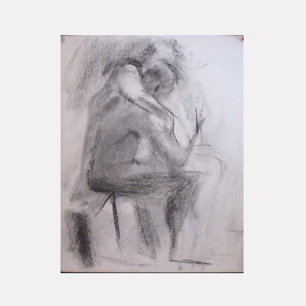 The artwork 'Claudia and Valentine' by Peter Colquhoun features an expressive charcoal sketch on paper depicting two figures in an intimate pose. Rendered with loose, gestural strokes, the monochromatic composition captures a tender moment through soft shadows and dynamic lines, creating a sense of emotional connection. The 15x12 inch drawing demonstrates masterful use of light and shadow.