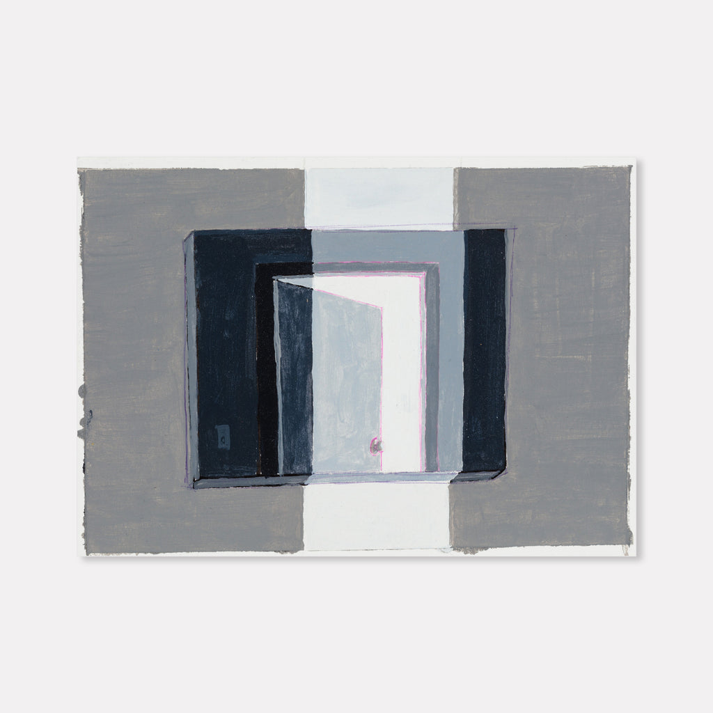 The artwork 'Closing Door 1' by Til Will depicts a minimalist geometric composition featuring a partially open door in shades of gray and white. The acrylic painting on paper uses stark contrasts between light and dark spaces, creating depth through layered rectangular shapes. A subtle white glow emerges from the door opening, suggesting interior light. By Til Will.
